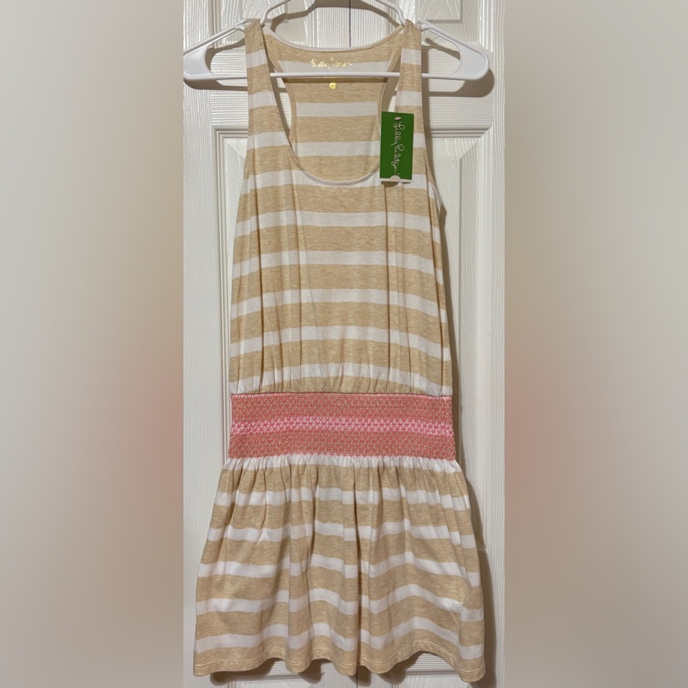 Lilly Pulitzer Tideline Dress Sleeveless Beige Striped Smocked Waist NWT XXS
